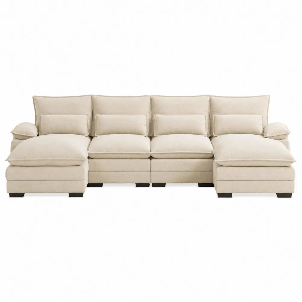 Divano angolare modulare in tessuto di poliestere beige con struttura in legno