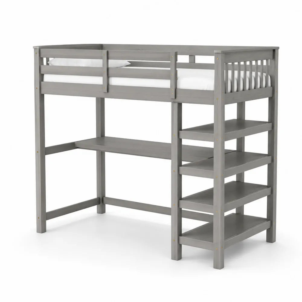 Letto a soppalco in legno grigio con scrivania e scala