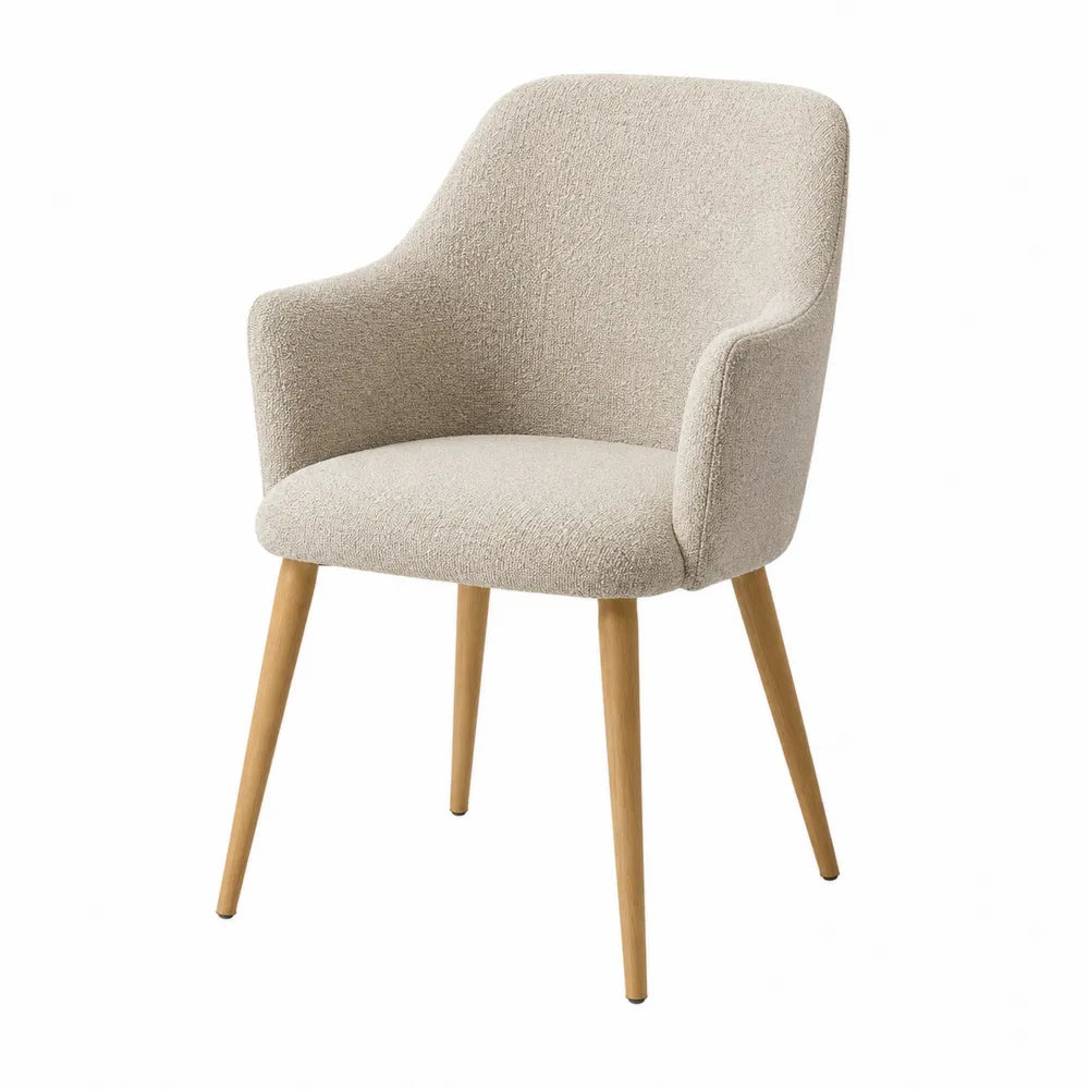 Sedia da pranzo con braccioli in tessuto beige e gambe in legno