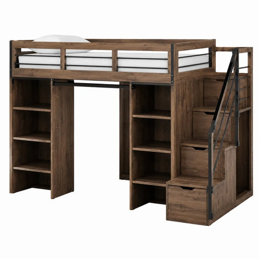 Letto a soppalco in legno con scala e scaffali 200x100x180 cm marrone