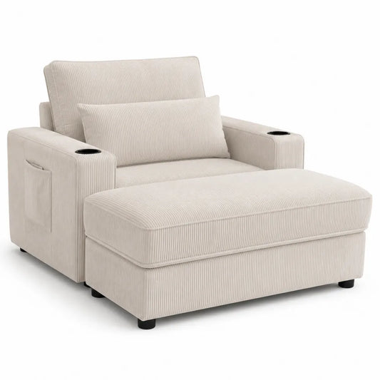 Poltrona chaise longue in velluto a coste con portabicchieri