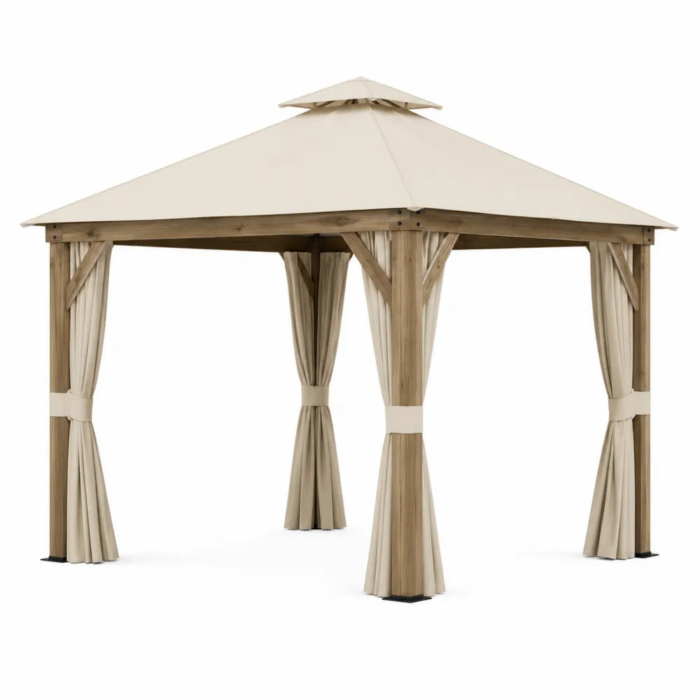 Gazebo in legno da esterno con copertura in poliestere crema 3x3x2.7m