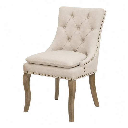 Sedia in Tessuto Poliestere Beige con Gambe in Legno di Quercia